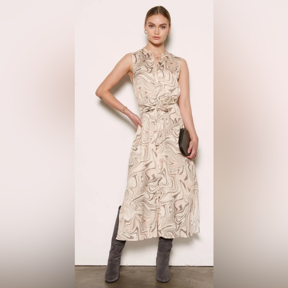 Tart Adya Maxi Dress Sz Large Sleeveless Neutral Infinite Print Belted Button Up